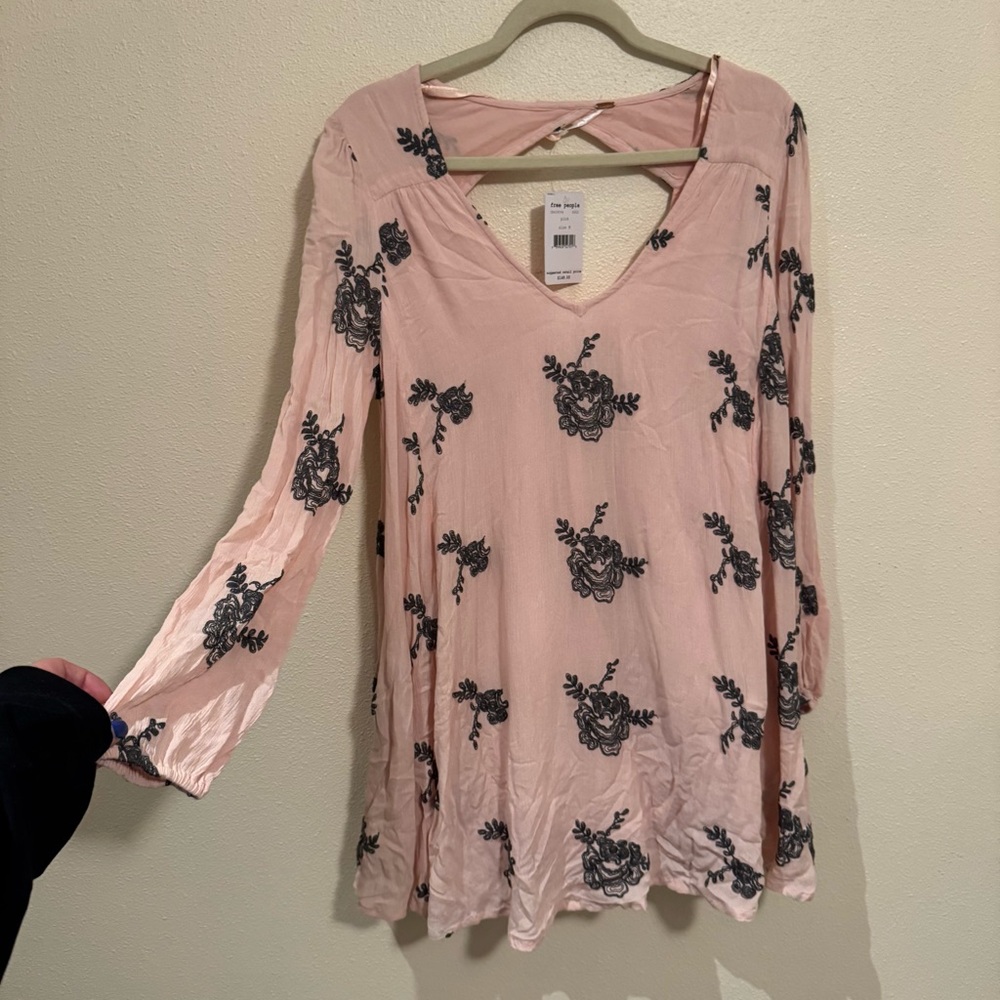 Free People Blush Top with Black Floral Design